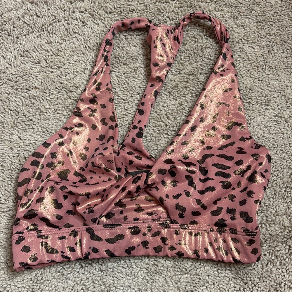 Shiny pink leopard cross back sports bra